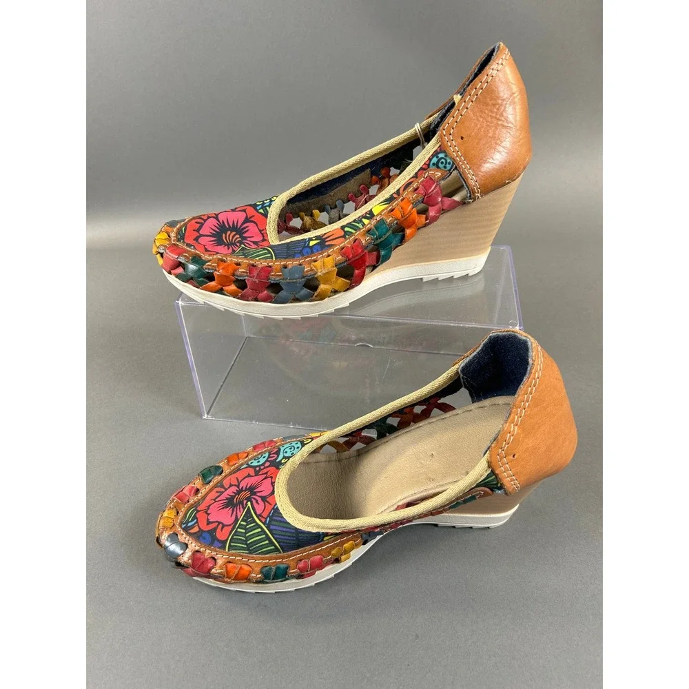 Huarache Wedge Pumps Multi Color Woven Leather Floral Canvas Mexican Boho 23